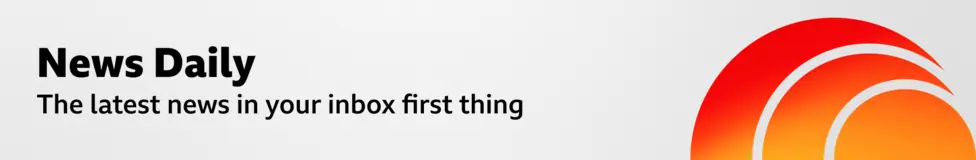 A thin, grey banner promoting the News Daily newsletter. On the right, there is a graphic of an orange sphere with two concentric crescent shapes around it in a red-orange gradient, like a sound…