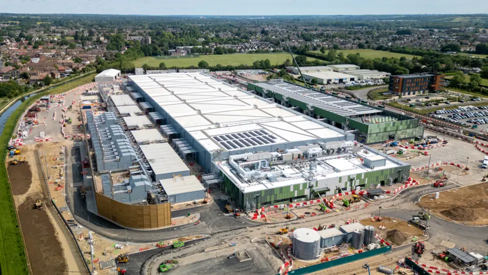 Aerial view of a large Google Data Centre being built in Cheshunt, Hertfordshire, UK on 31st May 2025. It looks like a large warehouse