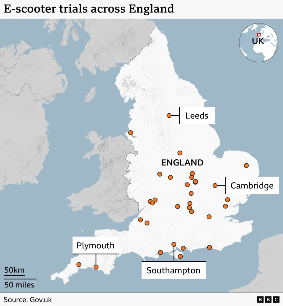 Graphic headlined: E-scooter trials across England. It shows a map of England with the 30 locations of the trials each represented by a dot. Cambridge, Leeds, Plymouth and Southampton are all…