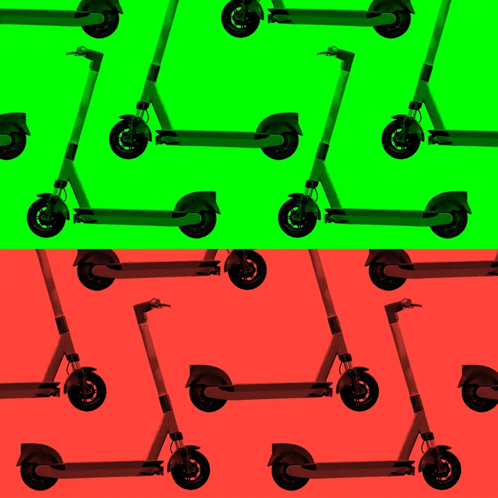Montage image showing a collage of e-scooters, all seen from the side. In the top half of the image, the e-scooters have a green background and are facing to the left. At the bottom they have a red…