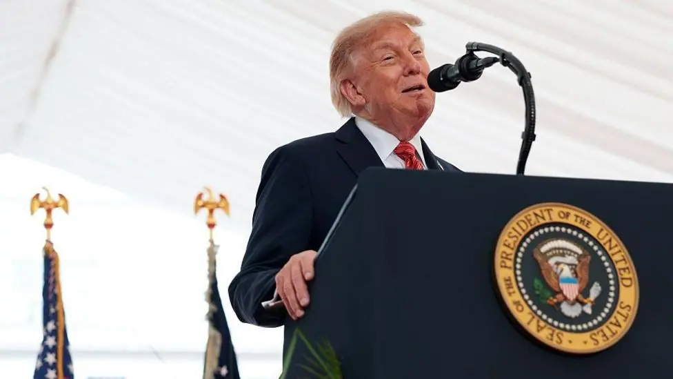 U.S. President Donald Trump delivers remarks to U.S. Embassy personnel and business leaders at Deerfield Residence on September 12, 2026 in Dublin, Ireland. U.S. President Donald Trump is on a…