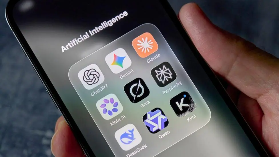 A phone displaying several AI-powered chatbot apps