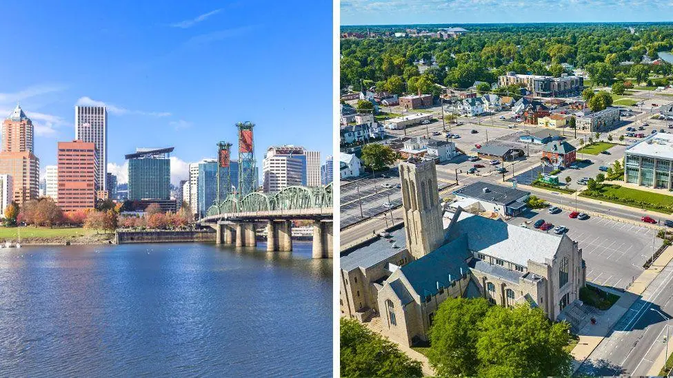 Skyline of Portland, Oregan on the left showing a big city and an aeriel view of Muncie in Indiana on the right showing a small town