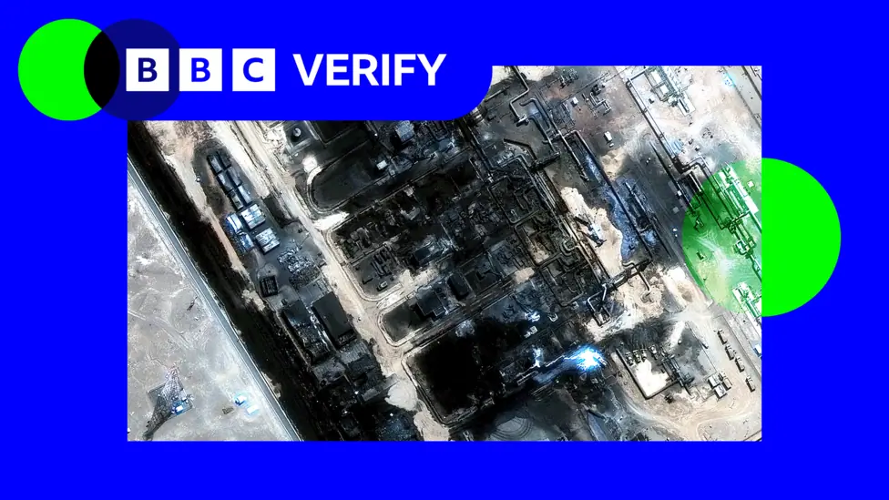 A satellite image of a damaged oil refinery