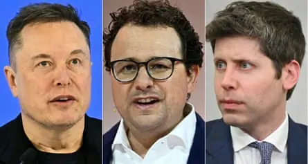 Composite image of Elon Musk, CEO of Anthropic Dario Amodei, and OpenAI CEO Sam Altman