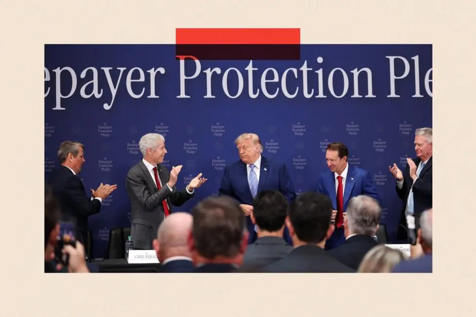 (L-R) Georgia Gov. Brian Kemp, U.S. Energy Secretary Chris Wright, Louisiana Gov. Jeff Landry and Idaho Gov. Brad Little applaud following remarks by U.S. President Donald Trump (C)