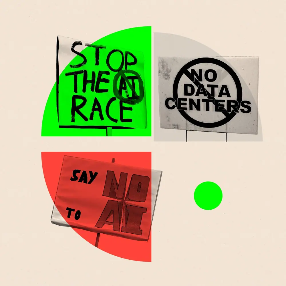 A treated collage of three different signs which read: "STOP THE AI RACE, NO DATA CENTERS and Say no to AI."