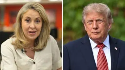 A split screen: Sarah Smith wears a white shirt on the left; Trump wears a navy suit with red tie on the right.