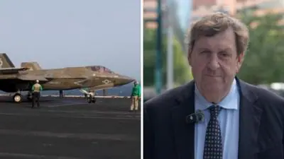 Split screen. Left, US military plane. Right, Gary O'Donogue.