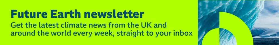 Thin, green banner promoting the Future Earth newsletter with text saying, “Get the latest climate news from the UK and around the world every week, straight to your inbox”. There is also a graphic…