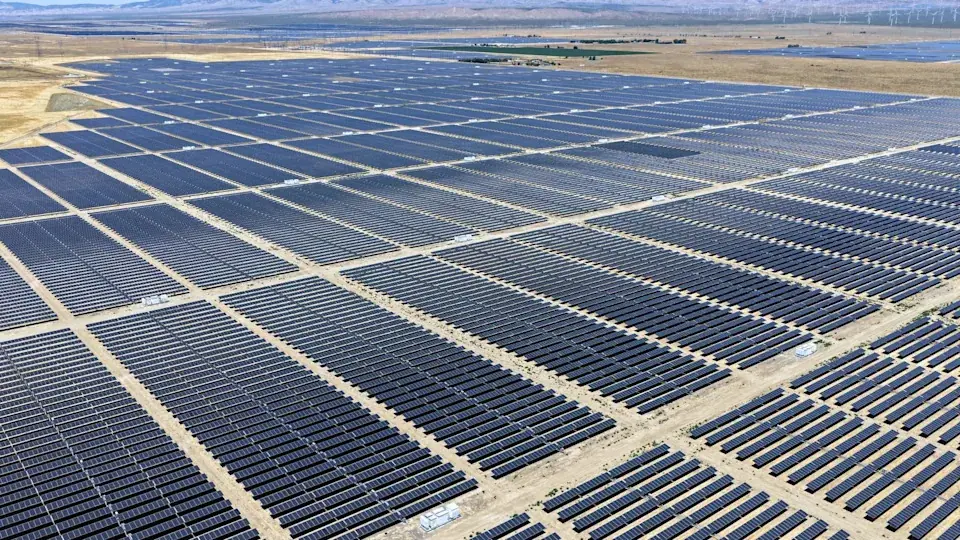 An aerial view of a solar panel array at a solar farm on June 17, 2026, near Lancaster, Calif. · Utility Dive · Mario Tama via Getty Images