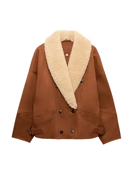 Brown vintage borg leather jacket with a cream shawl collar