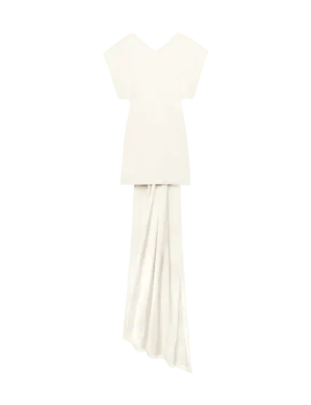 Ivory satin mini dress with a train