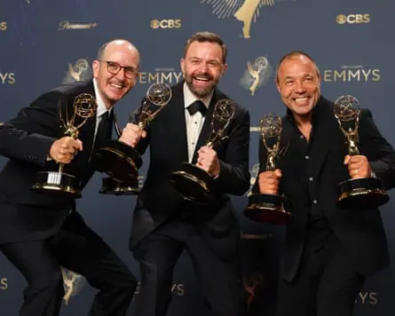 Writer Jack Thorne, director Philip Barantini and actor Stephen Graham celebrate their Emmy wins for Adolescence