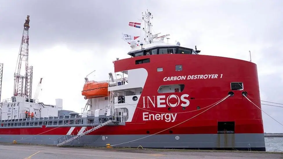 A carbon dioxide carrier vessel naed Carbon Destroyer 1 in dock. It also bears the brand name Ineos