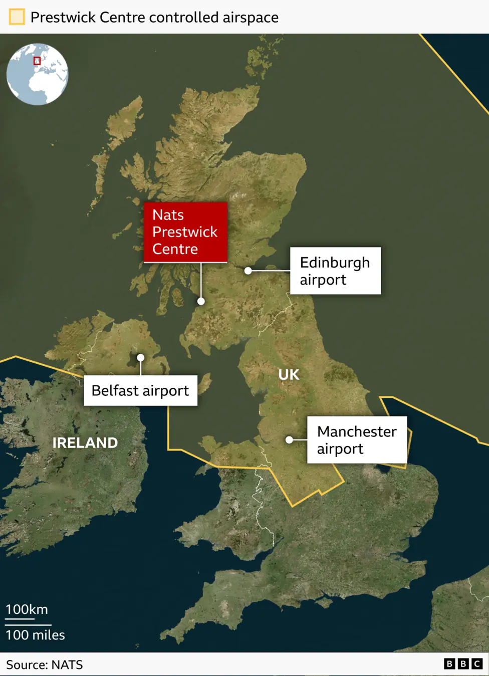 A map showing the location of Nats Prestwick Centre. Also marked on the map are Edinburgh, Belfast and Manchester airports.