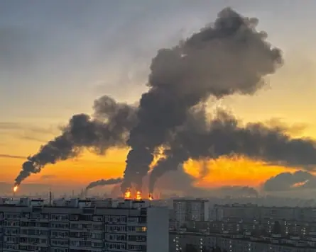 Smoke rises from an oil refinery following a Ukrainian drone strike in Moscow, Russia