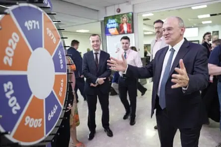 Davey, arms outstretched as he looks at a wheel segmented into various years with others looking on