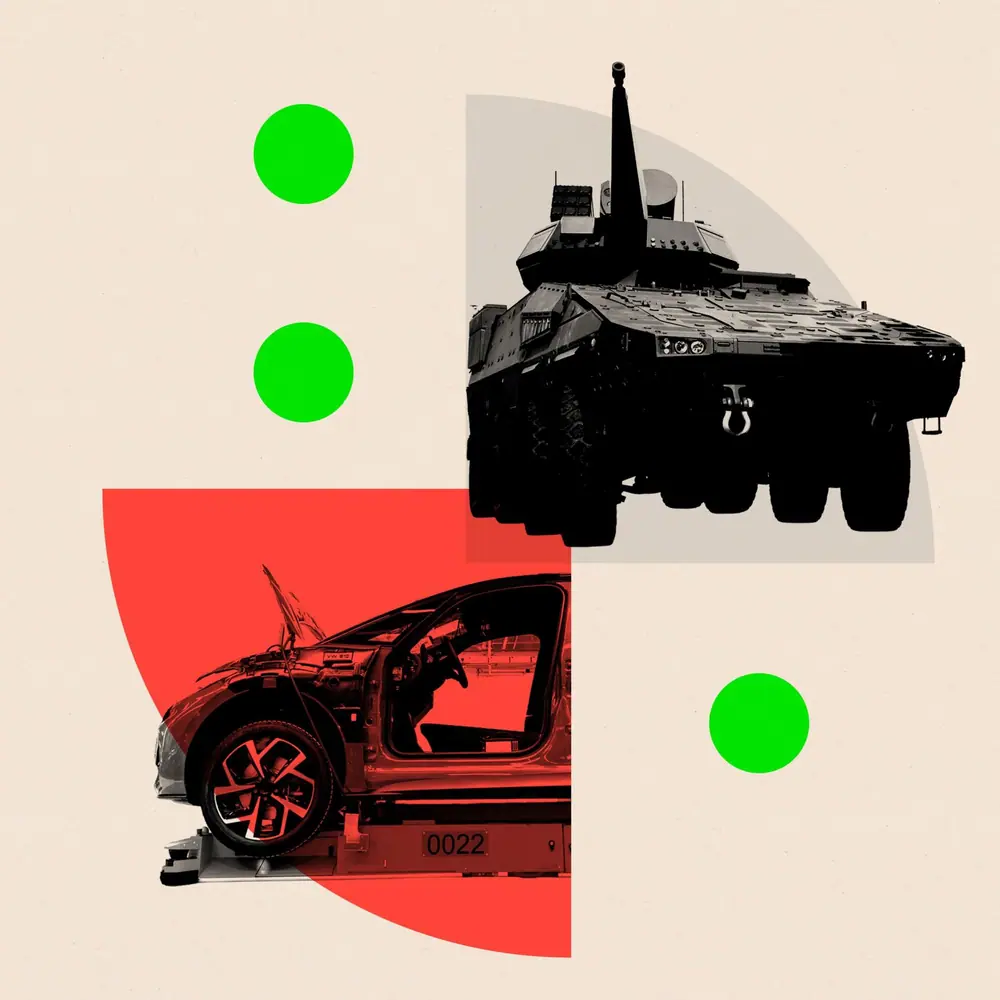Montage image showing a GTK boxer armoured fighting vehicle in the top-right hand corner with a grey background, and a Volkswagen being assembled with a red backdrop in the bottom-left corner. There…