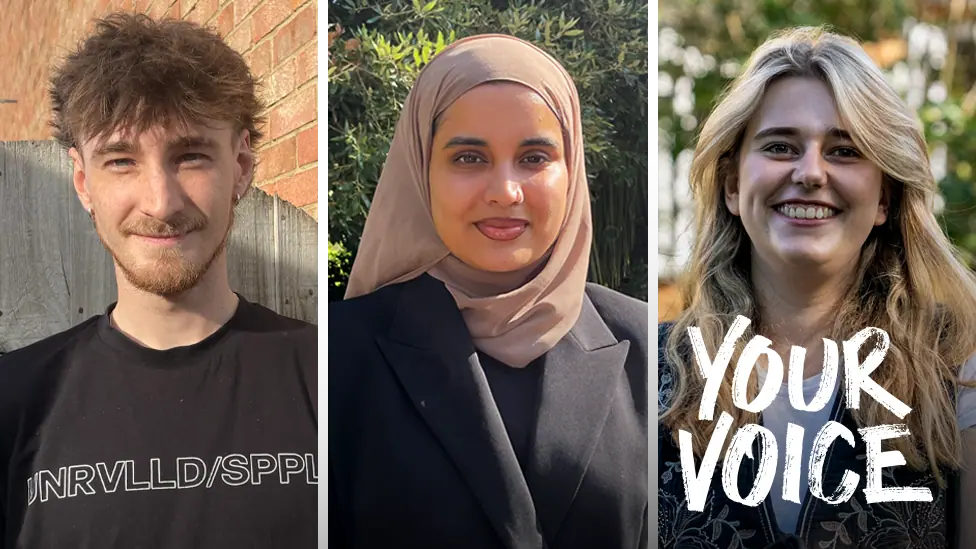 Three-way split of three young people - Adam, Shahida and Daisy - all looking at the camera, with text overlay in the bottom right corner of the image reading 'your voice'.