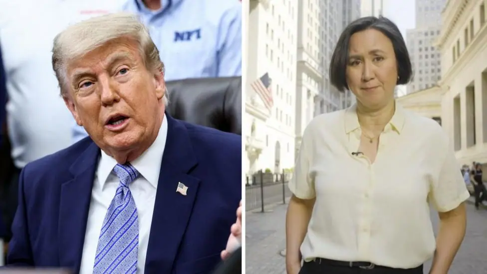 Split screen. Donald Trump on the left. Michelle Fleury on the right.