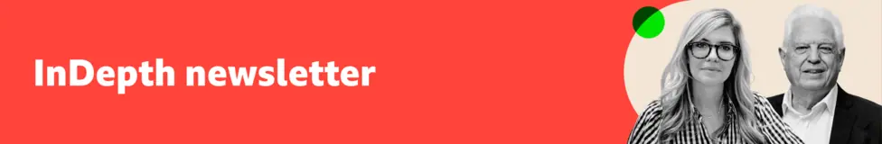 Thin, lobster red banner with white text saying ‘InDepth newsletter’. To the right are black and white portrait images of Emma Barnett and John Simpson. Emma has dark-rimmed glasses, long fair hair…
