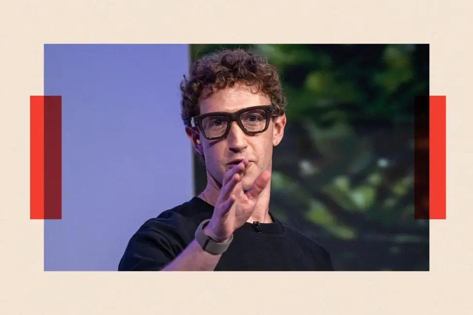 Mark Zuckerberg, chief executive officer of Meta Platforms Inc., wears a pair of Meta Ray-Ban Display AI glasses during the Meta Connect event in Menlo Park, California, US, on Wednesday, Sept. 17…