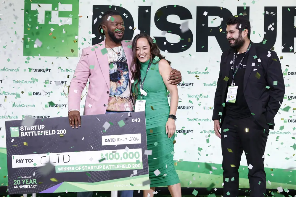 Kevin A. Damoa, Founder & CEO, Glīd, Claire Kroft and Ankit Malhotra, winners of the Startup Battlefield 2025, pose onstage during day three of TechCrunch Disrupt 2025 at Moscone Center on October…
