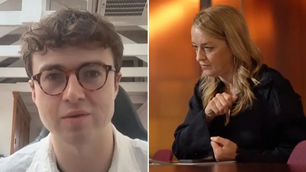 Jacob Coxon, shown on the left, wearing dark frame glasses and a white collored shirt. On the right is BBC's Laura Kuenssberg in a black shirt sitting with her arms on a desk as she looks to the left…