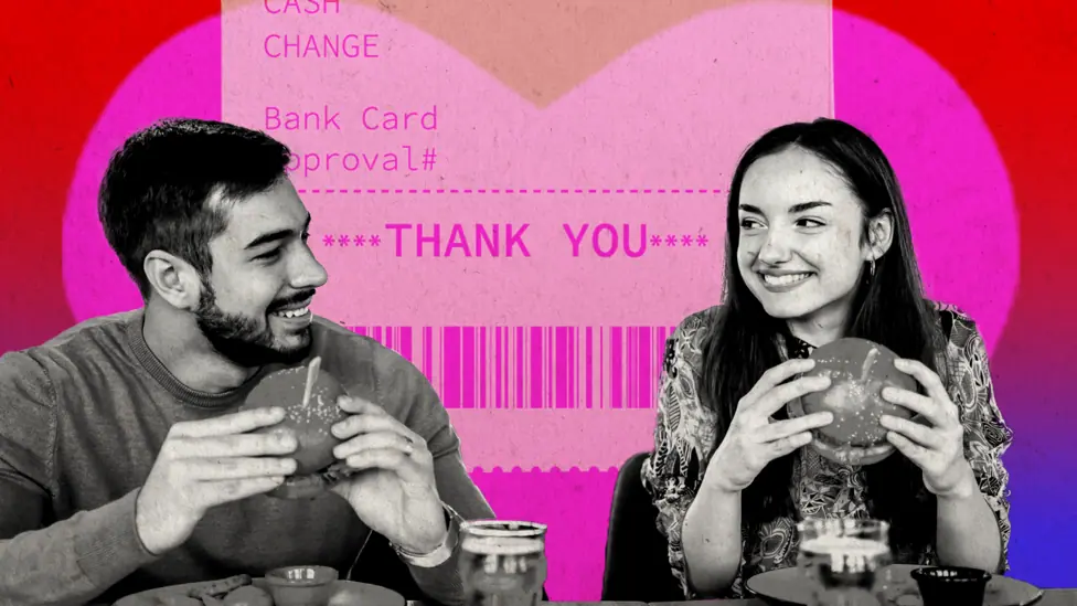 A composite image of a man and a woman with the graphic of a receipt in the background.