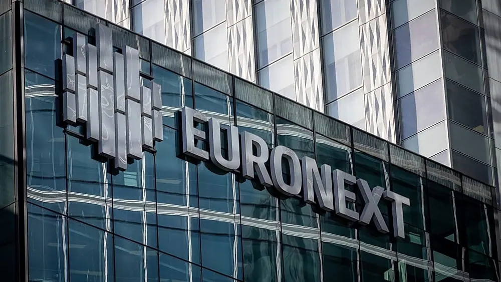 The logo of Euronext is pictured at its headquarters in the La Defense business district in Courbevoie near Paris, France, Wednesday, 1 March 2023.