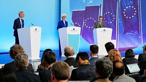 ECB President Christine Lagarde, Vice President Boris Vujcic, Director General Communications Wolfgang Proissl in a press conference in Frankfurt, Germany, 11 June 2026.