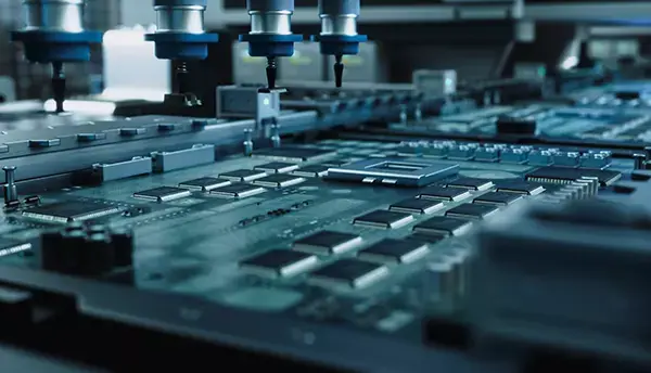 Robotic tools hover above a surface of dark-metal microchips and other electronics being manufactured.