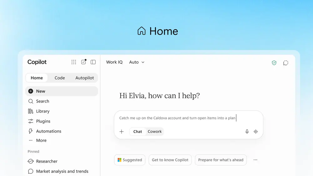 The Home tab combines chat and Cowork features in a single box.Screenshot by Microsoft