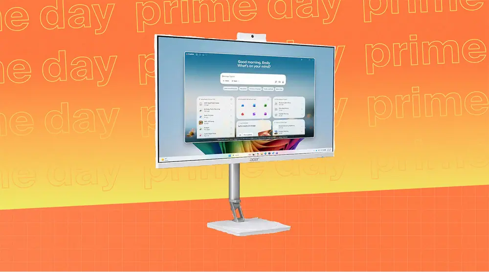 An Acer Aspire C24 desktop on an orange and yellow background