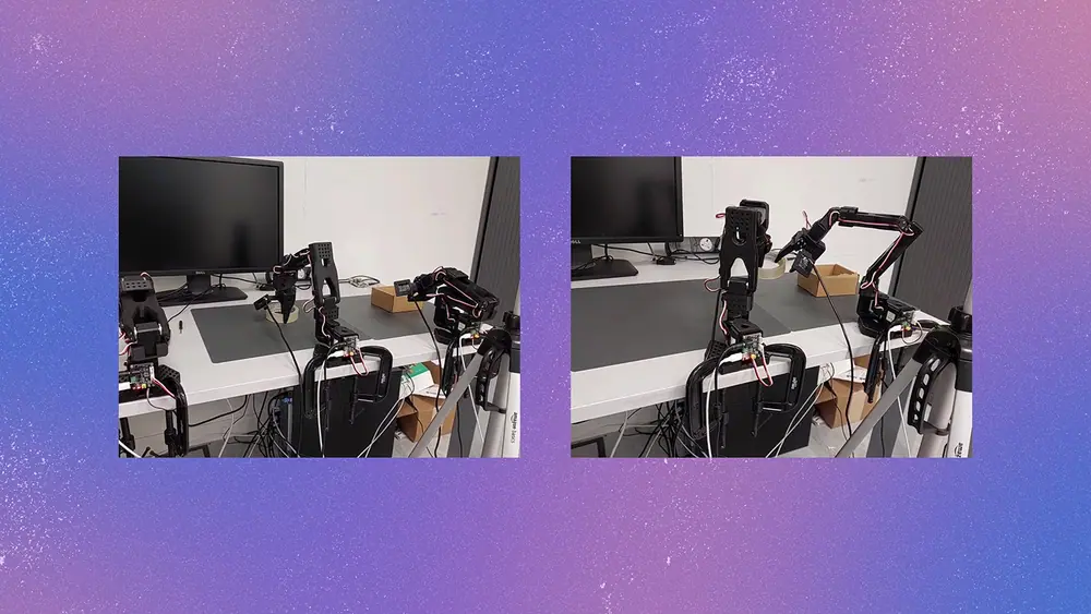 Two images showing the robot performing the same task of handing over a tape from one robot arm to another. The videos show that while the task succeeds when the inference latency is low, the…