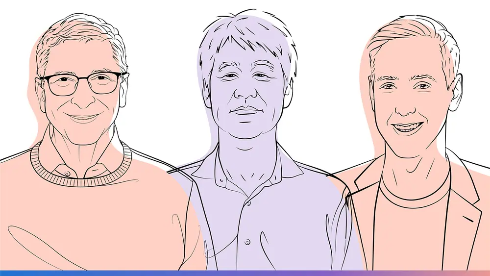 Illustrated headshot of Bill Gates, Peter Lee, and Sébastien Bubeck