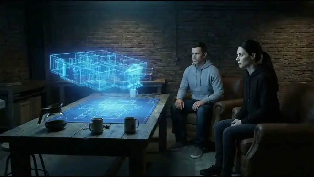 A man and woman sit at a table looking at a glowing blue 3D holographic projection of a house emerging from a blueprint.