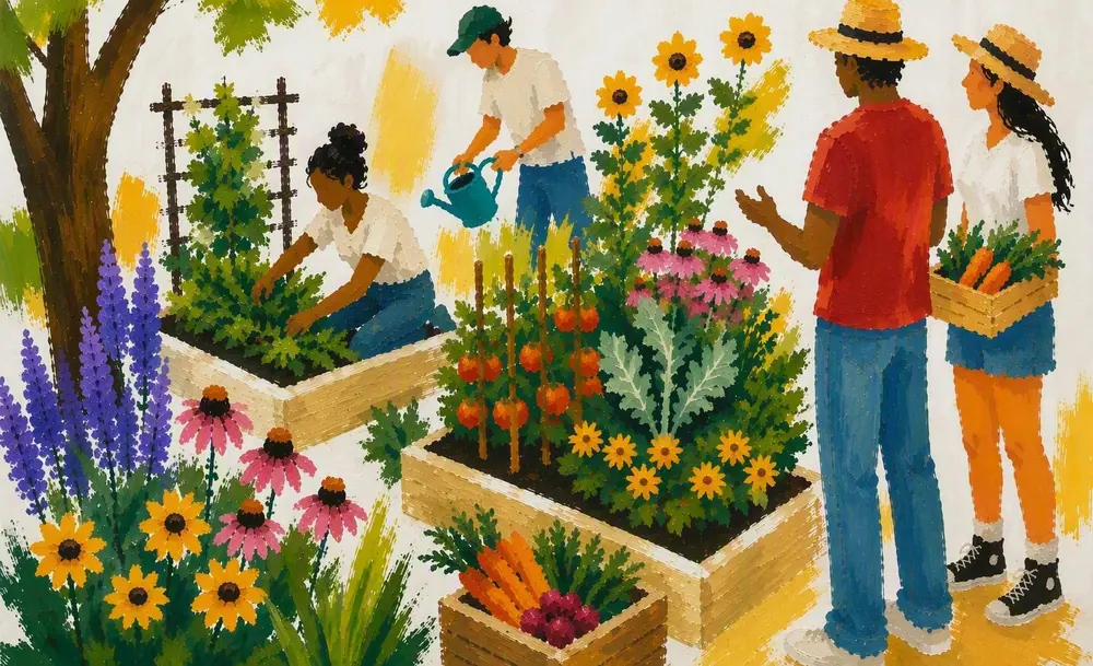 Painterly illustration of people tending a community garden with flowers and vegetables.