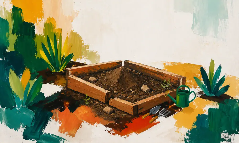 Painterly illustration of a gloved hand planting seeds in a garden bed.