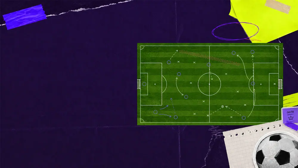Football pitch graphic with tactical diagrams and player movement illustrations