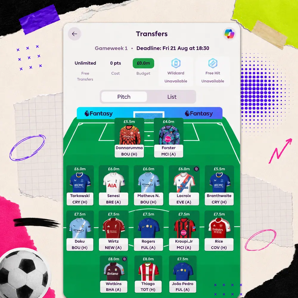 Fantasy Premier League squad and transfers screen showing player selections for Gameweek 1.