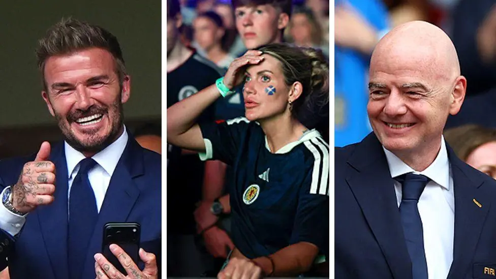 A composite image of Sir David Beckham, a Scotland fan, and Fifa President Gianni Infantino