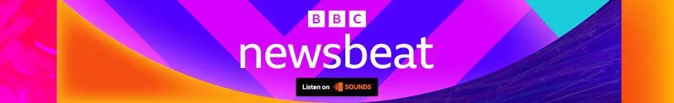 A footer logo for BBC Newsbeat. It has the BBC logo and the word Newsbeat in white over a colorful background of violet, purple and orange shapes. At the bottom a black square reading "Listen on…