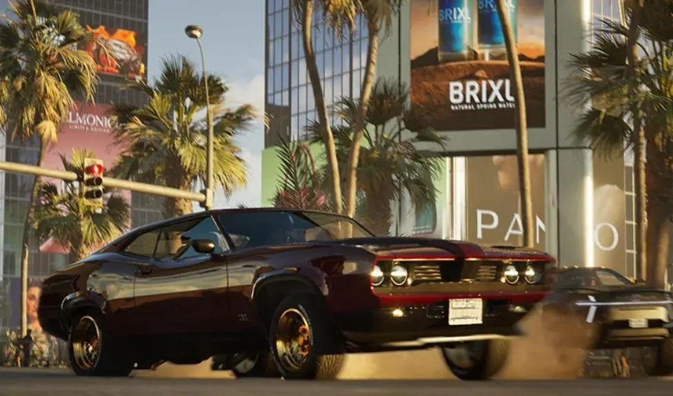 Screenshot from MindsEye shows a burgundy muscle car in the middle of an American-style street flanked by tall buildings. Dust billows from the vehicle's tyres, and the suspension on the driver's…