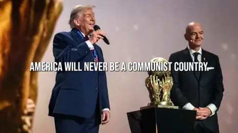 Donald Trump speaks into a microphone beside the FIFA trophy and Gianni Infantino