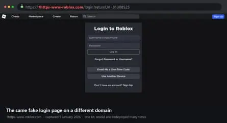 A screengrab of a scam webpage targeting young Roblox users