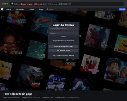 A screengrab of a scam webpage targeting young Roblox users