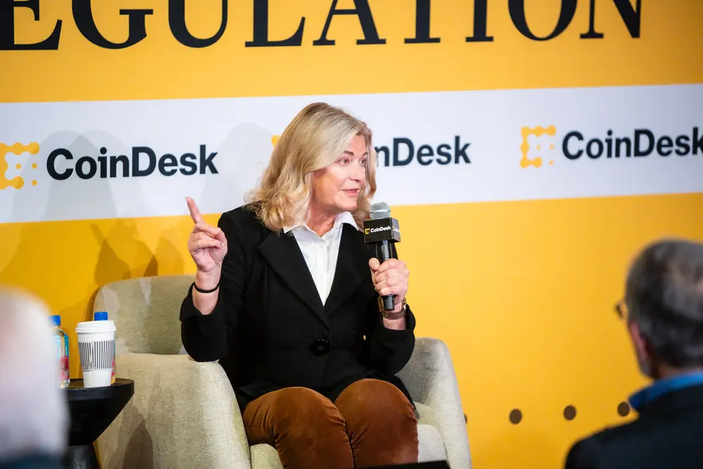 Sen. Cynthia Lummis, one of the lawmakers who spearheaded the Digital Asset Market Clarity Act, speaking at CoinDesk's Policy & Regulation event on Sept. 22, 2026. (Merz Photography/CoinDesk)