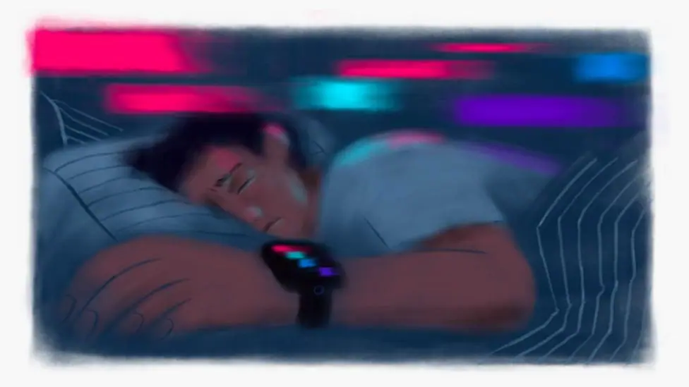 An illustration of a man asleep, with a concerned look on his face, wearing a smart watch with four coloured streaks on the screen; the colours seem to be reflecting onto the wall and the man's face…
